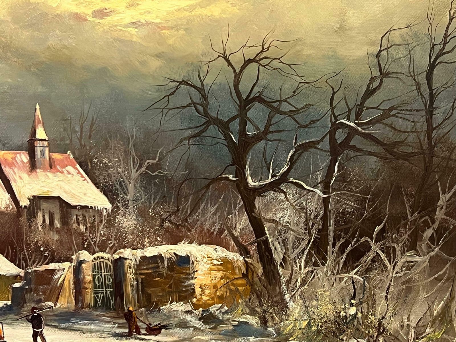 photo furniture Gunter Seekatz European Village In Winter Snow With Figures & Frozen Pond By German Artist 1972