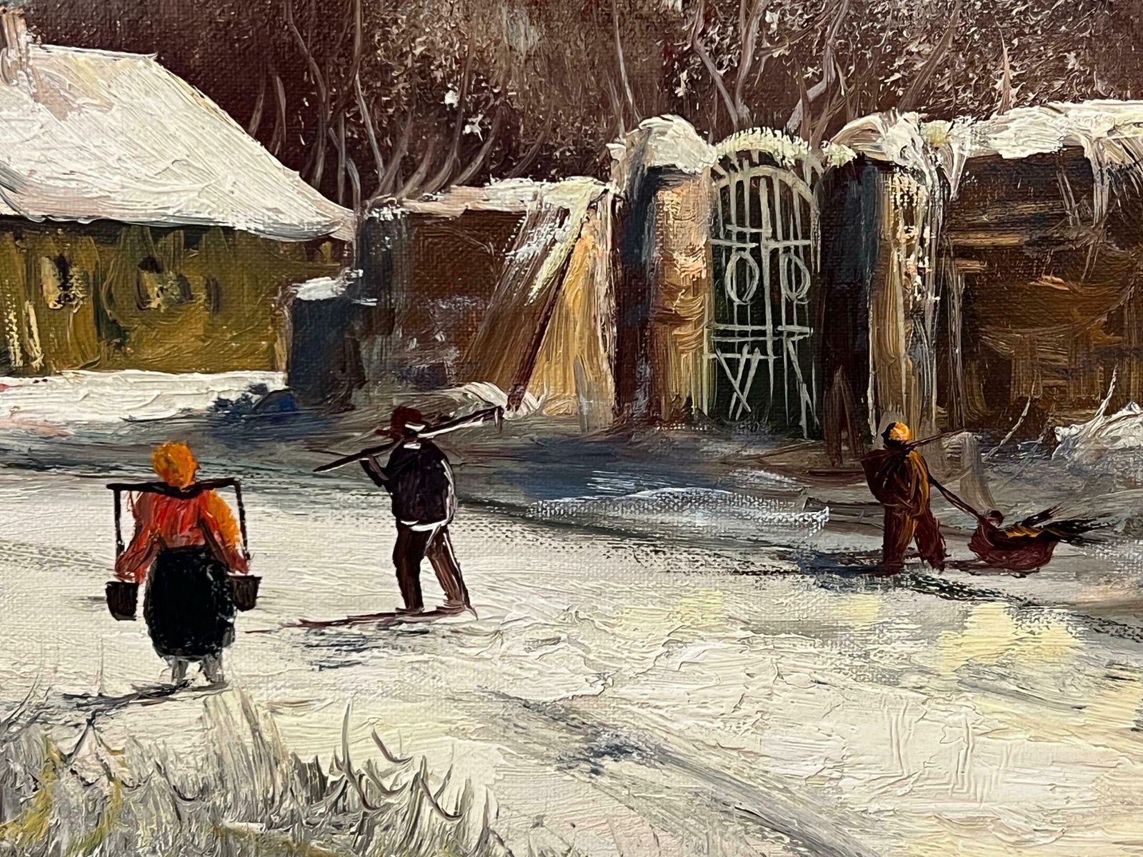 photo buy Gunter Seekatz European Village In Winter Snow With Figures & Frozen Pond By German Artist 1972
