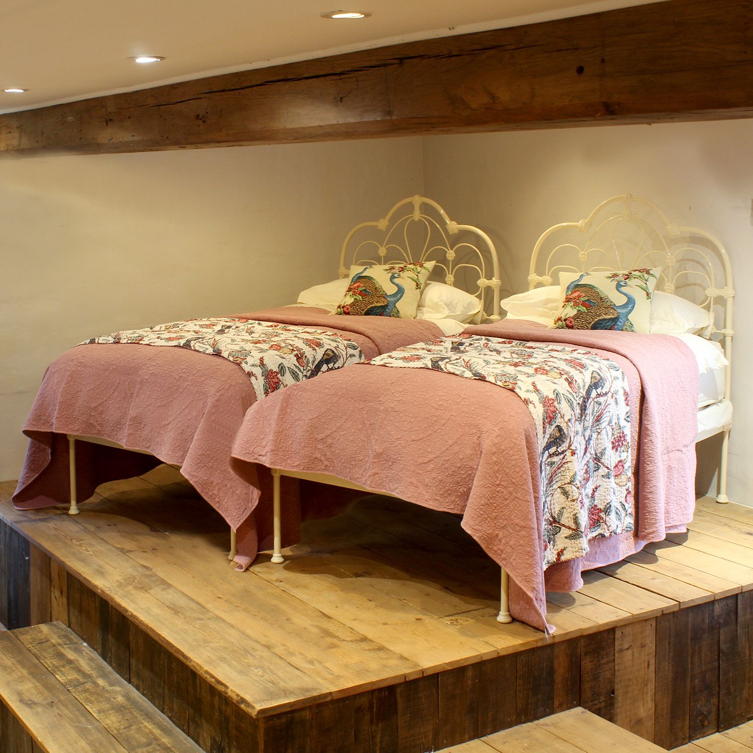Matching Pair Of Large Single Antique Beds In Cream (With Bases)
