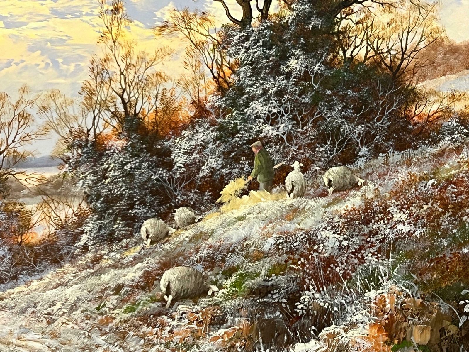 photo vinterior Noel Ripley Winter Sunset With Sheep & Farmer In The English Countryside By British Artist 1985 Circa