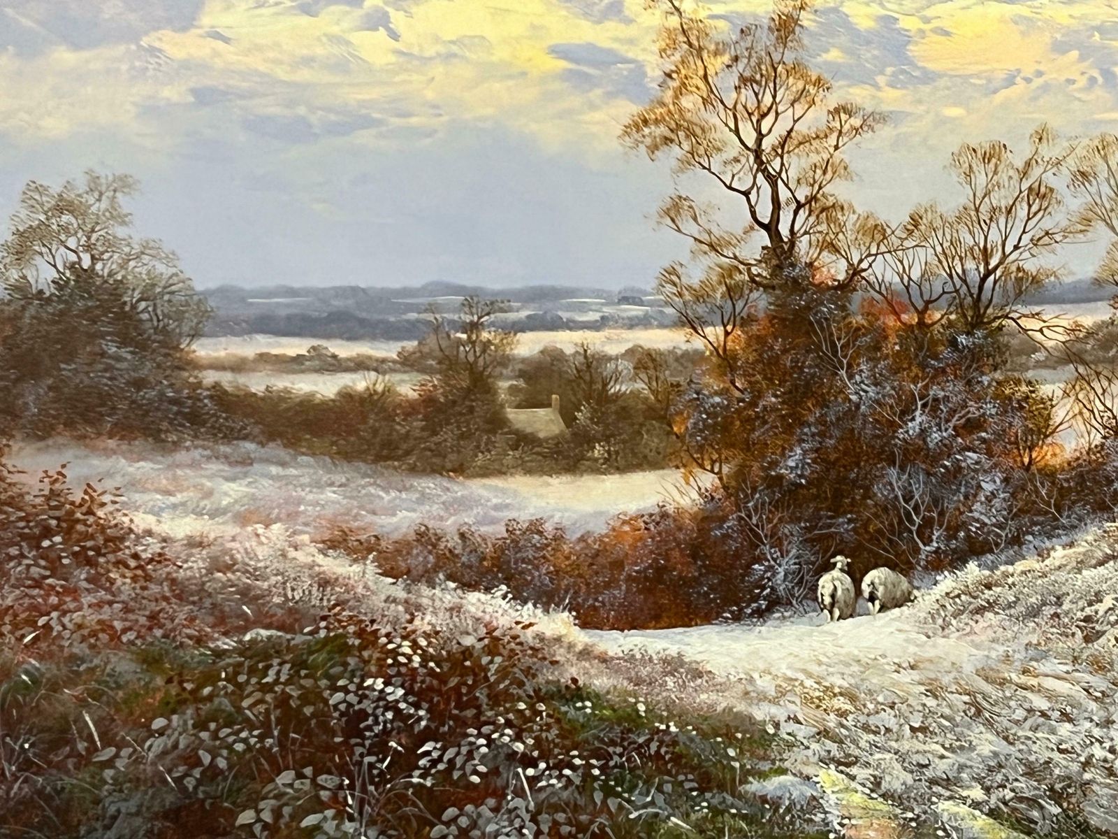 photo buy Noel Ripley Winter Sunset With Sheep & Farmer In The English Countryside By British Artist 1985 Circa