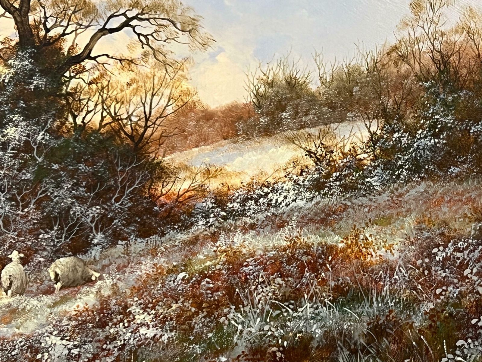 photo vintage Noel Ripley Winter Sunset With Sheep & Farmer In The English Countryside By British Artist 1985 Circa