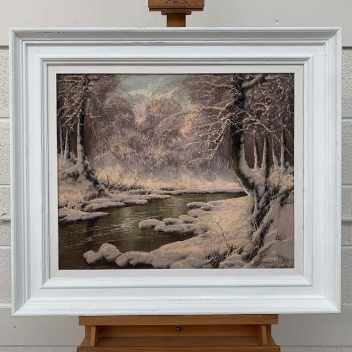 Laszlo Neogrady 20th Century Painting Of A Hungarian Winter Wonderland Forest River Snow Scene Circa 1925 photo for sale