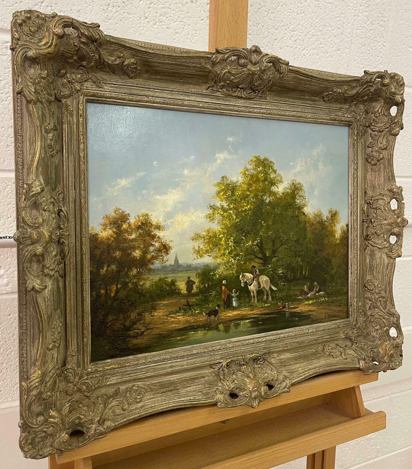 Gudrun Sibbons Oil Painting Of Family Picnic By The River With Horse & Dog By British Artist  1960 Circa photo furniture