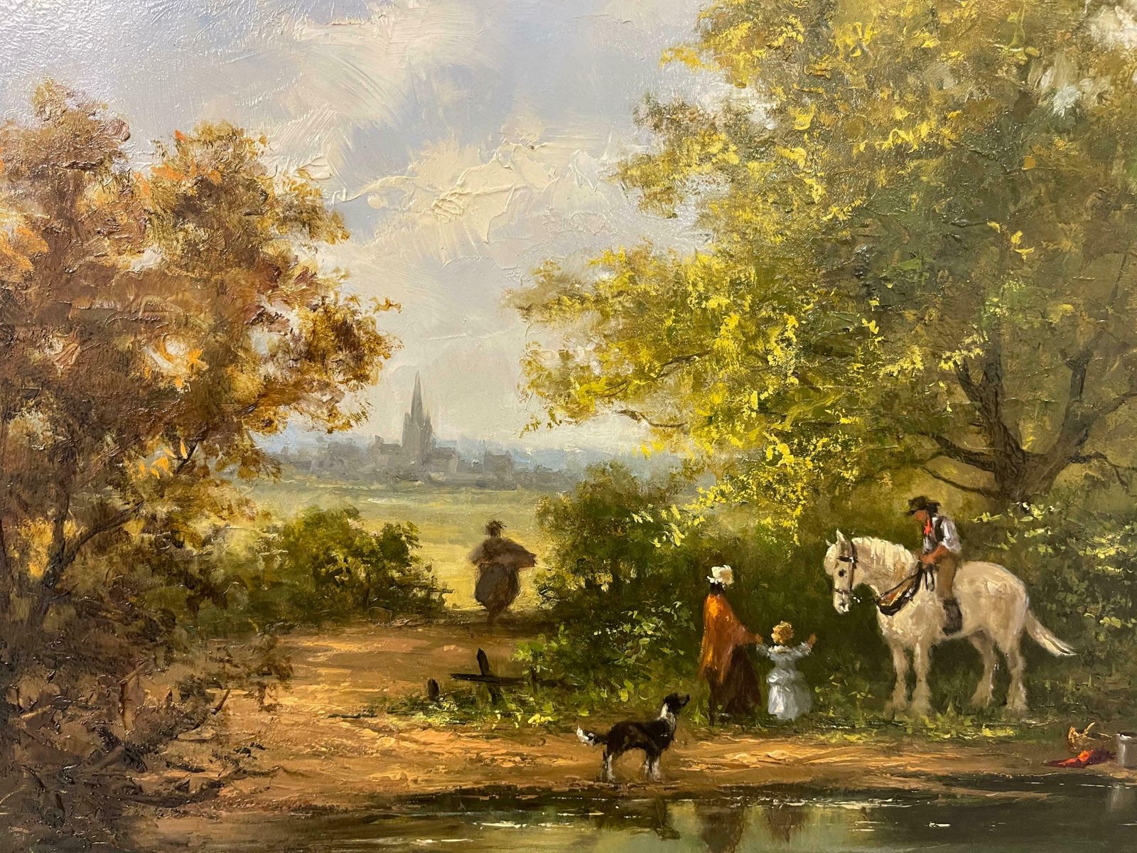 Gudrun Sibbons Oil Painting Of Family Picnic By The River With Horse & Dog By British Artist  1960 Circa photo 2065.0
