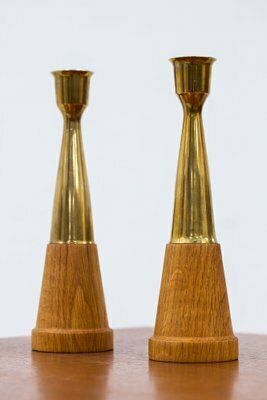 Vintage Scandinavian Oak & Brass Candlesticks, 1960s, Set Of 2