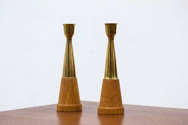 Vintage Scandinavian Oak & Brass Candlesticks, 1960s, Set Of 2 photo 845.0