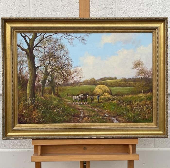 James Wright Horses With Ploughmen In The English Countryside By Realist Landscape Artist 1990 Circa photo for sale