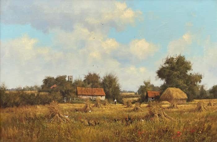 James Wright Farm Scene With Haystacks In The English Countryside By Realist Landscape Artist 1990 Circa photo furniture