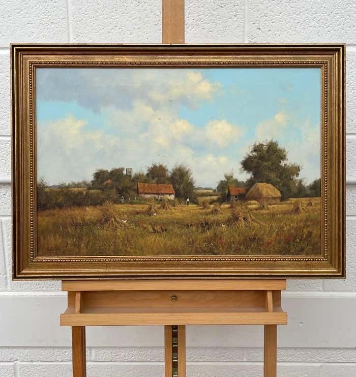 James Wright Farm Scene With Haystacks In The English Countryside By Realist Landscape Artist 1990 Circa photo Art