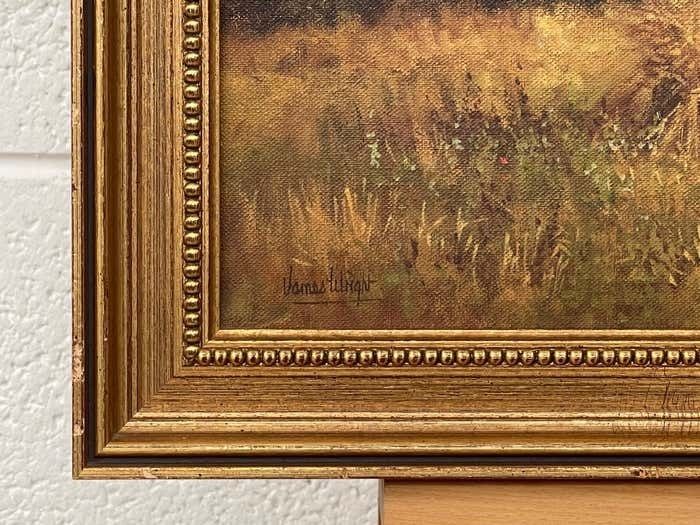 Art James Wright Farm Scene With Haystacks In The English Countryside By Realist Landscape Artist 1990 Circa photo