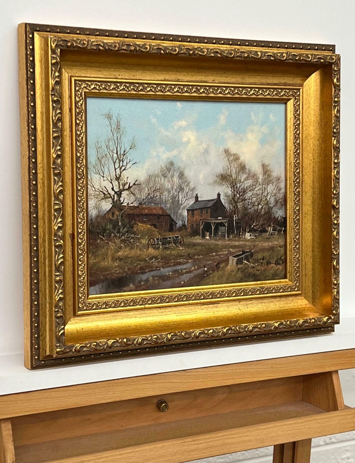 James Wright Painting Of Farm With Geese In The English Countryside By 20th Century Artist 1980 Circa photo furniture