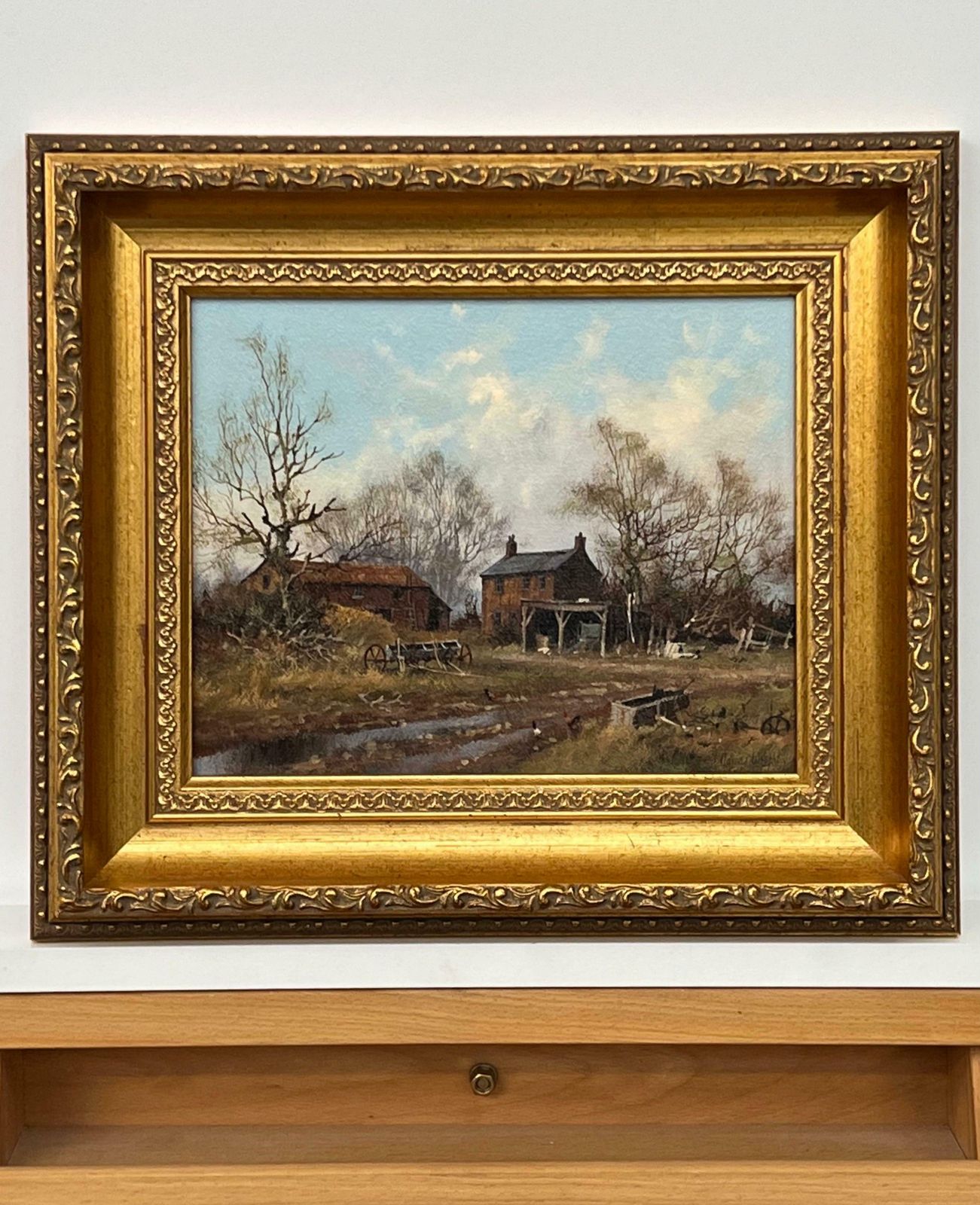 James Wright Painting Of Farm With Geese In The English Countryside By 20th Century Artist 1980 Circa photo for sale