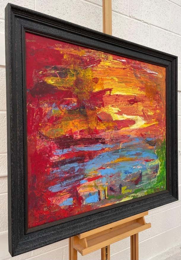 Angela Wakefield Abstract Blue Orange & Red Lake Sunset Landscape By Contemporary British Artist  2000 photo furniture