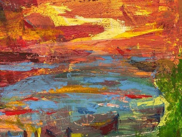 photo furniture Angela Wakefield Abstract Blue Orange & Red Lake Sunset Landscape By Contemporary British Artist  2000