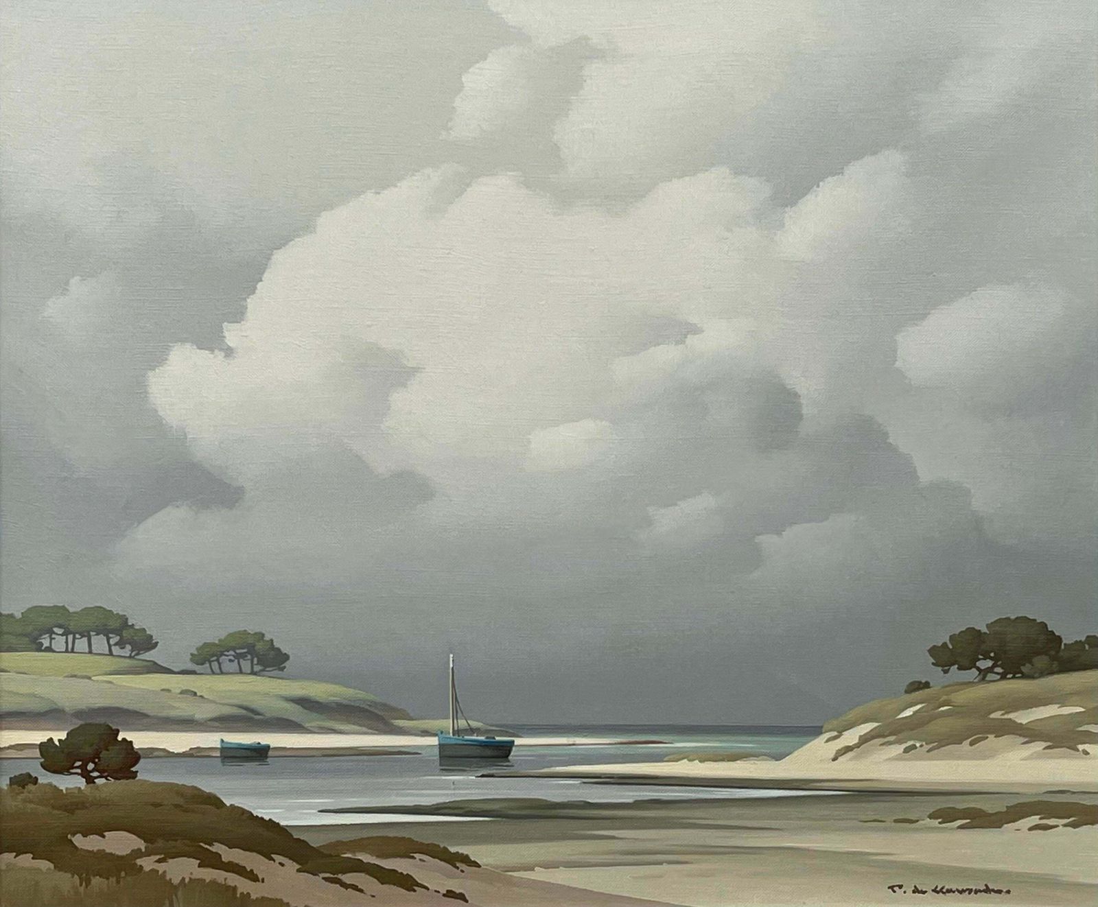 Pierre De Clausade Coastal Seascape Landscape Painting With Boats By 20th Century French Artist  1972 photo 4165.0