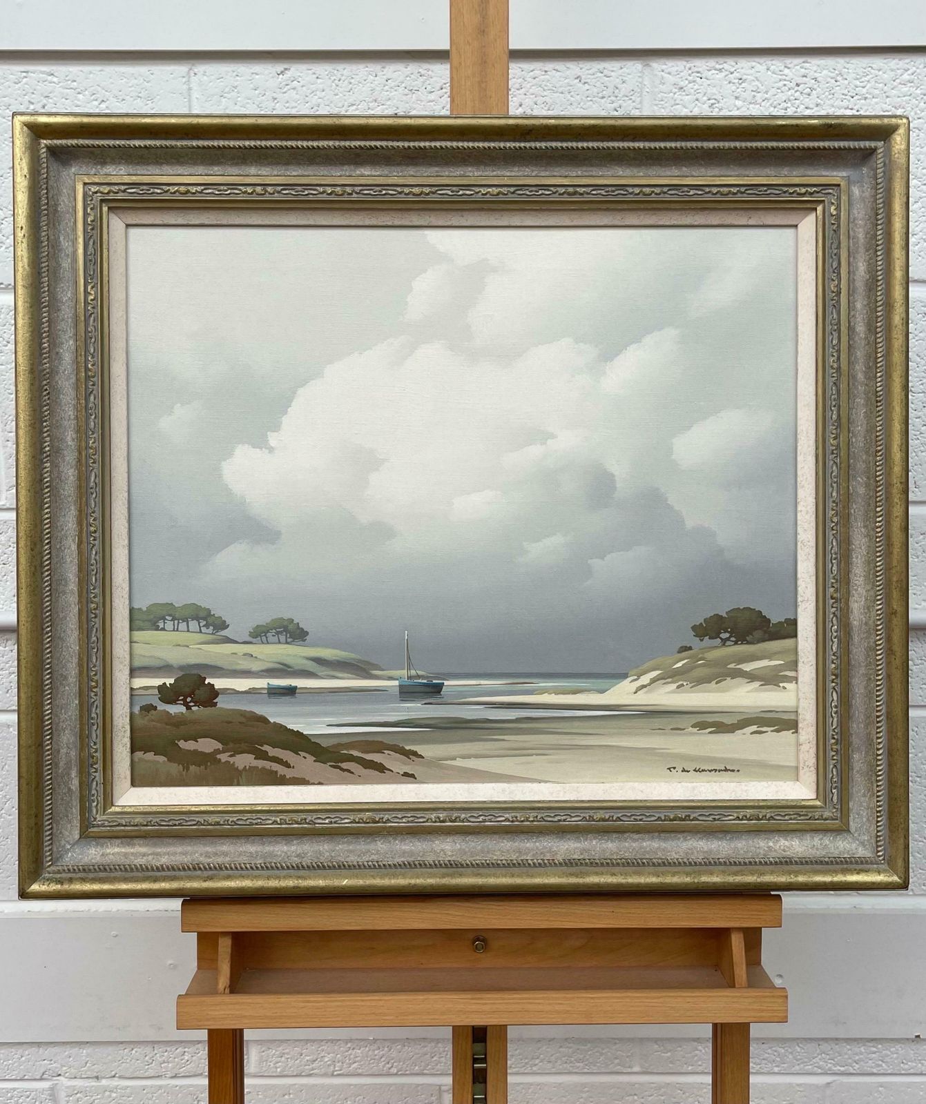 Pierre De Clausade Coastal Seascape Landscape Painting With Boats By 20th Century French Artist  1972 photo vinterior