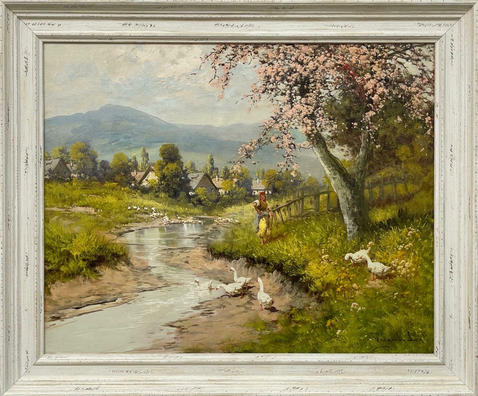 Laszlo Neogrady Countryside Village River Scene With Tree Blossom, Figure And Geese 20th Century  Circa 1925