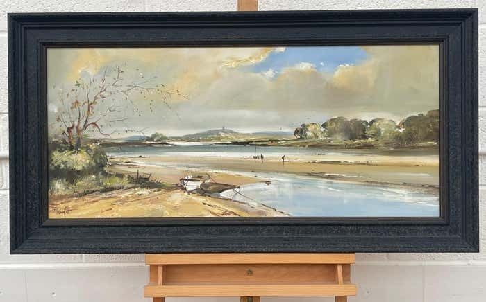 Frank Fitzsimons Ireland Seascape Landscape With Boats & Figures By Contemporary Irish Artist 1985 Circa photo for sale