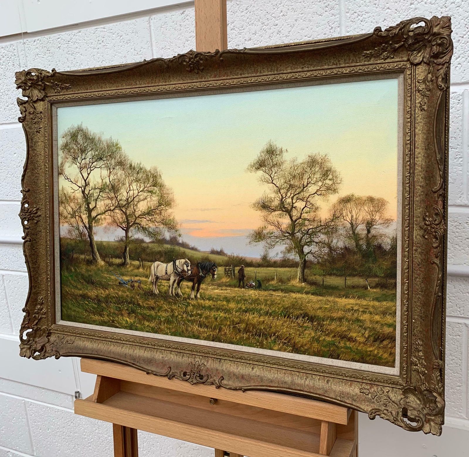 James Wright Horse Drawn Plough With Two Horses Ploughman And Dog By British Landscape Artist  1990 Circa photo Art
