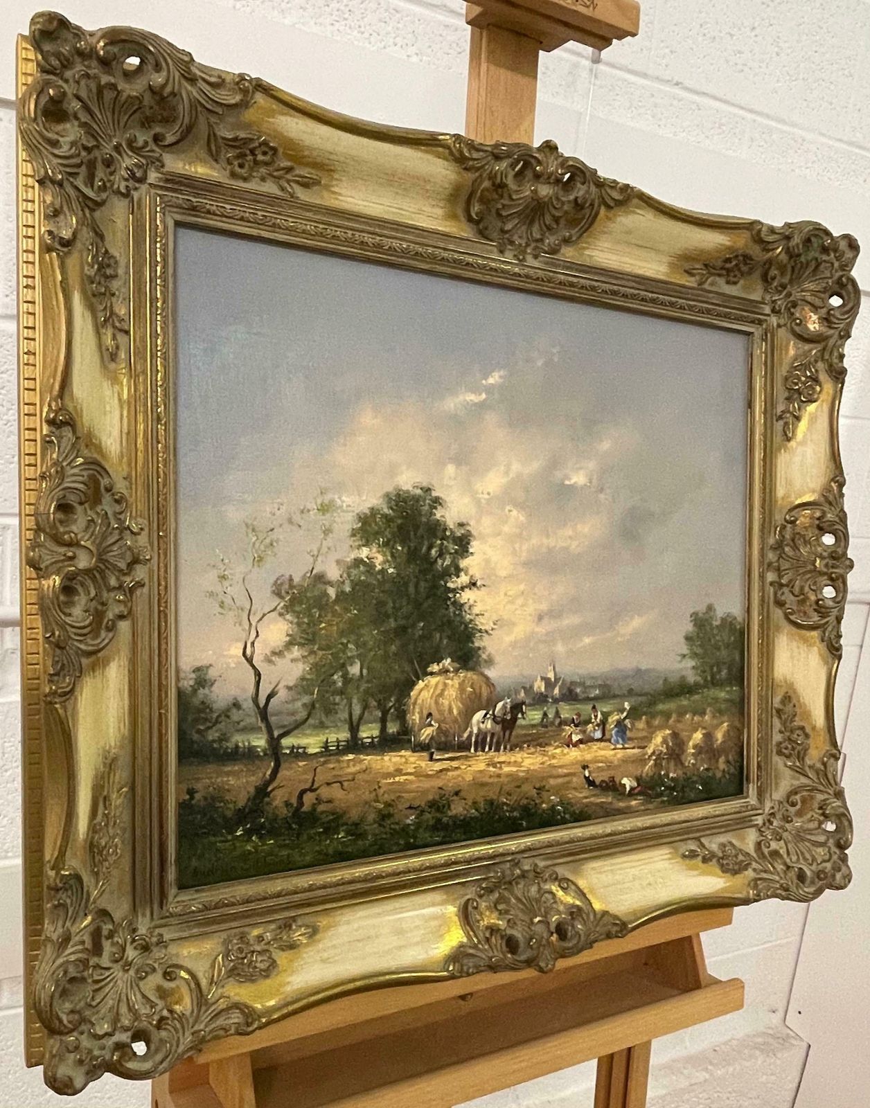 Gudrun Sibbons Oil Painting Of Country Harvest Scene With Horses & Figures By British Artist 1960 Circa photo furniture