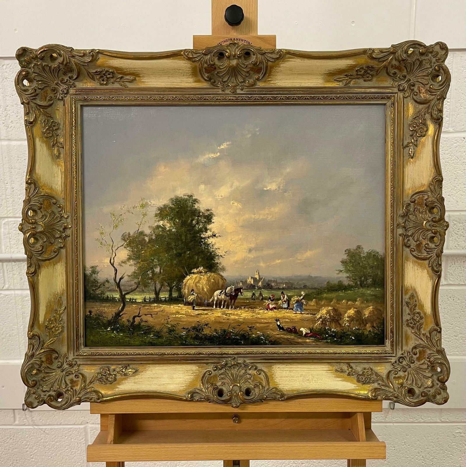 Gudrun Sibbons Oil Painting Of Country Harvest Scene With Horses & Figures By British Artist 1960 Circa photo for sale