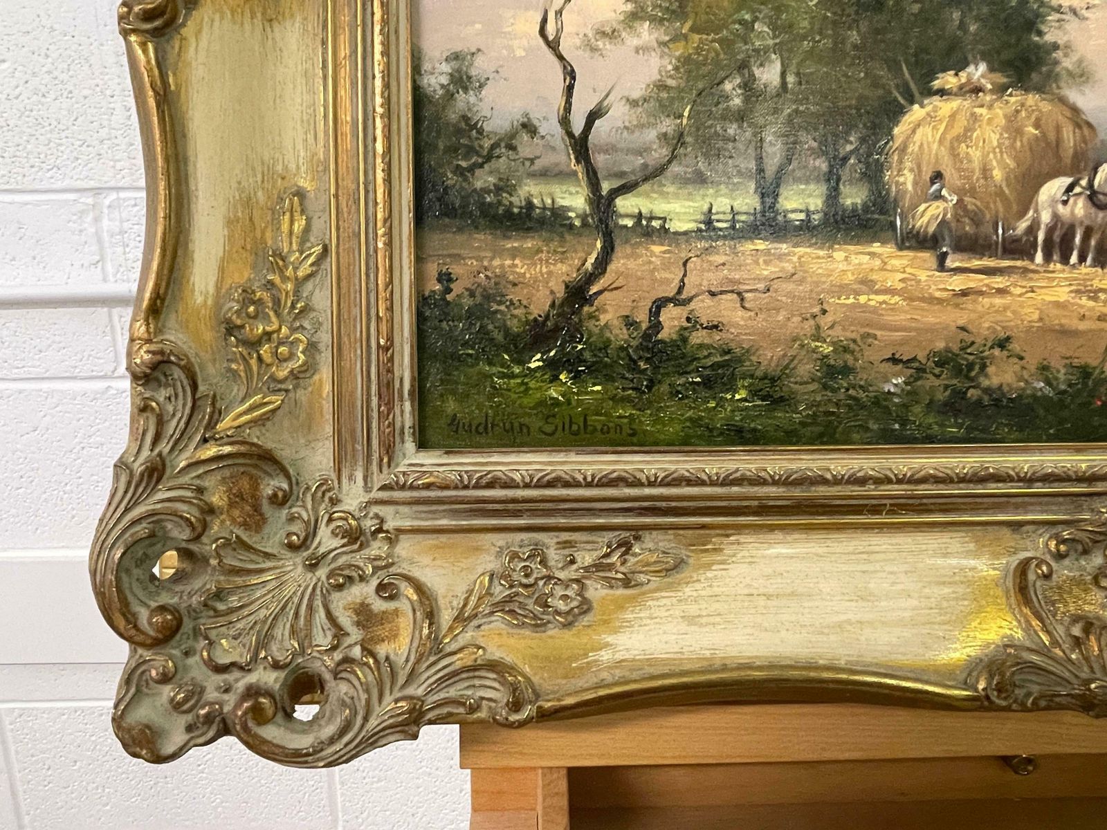 Gudrun Sibbons Oil Painting Of Country Harvest Scene With Horses & Figures By British Artist 1960 Circa photo 2950.0