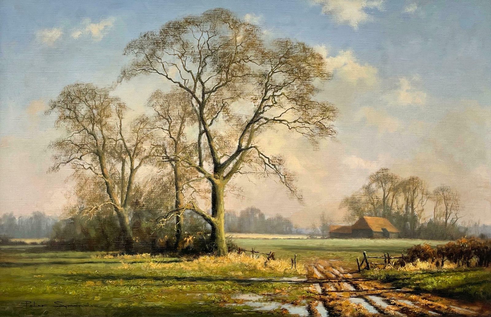photo buy Peter Symonds Oil Painting Of Rural Winter Scene With Oak Trees In England By British Artist  1995 Circa