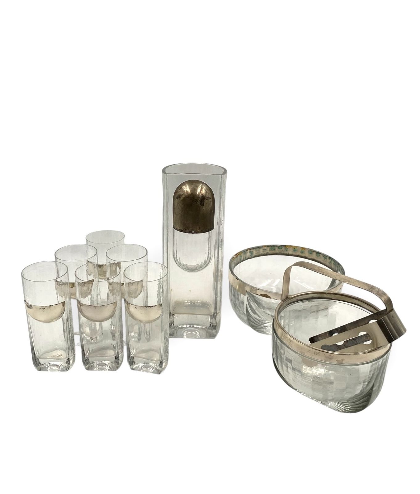 Hollywood Regency Silver Cocktail Set, Taddei Sestini, Kristal Krisla Italy 1970s