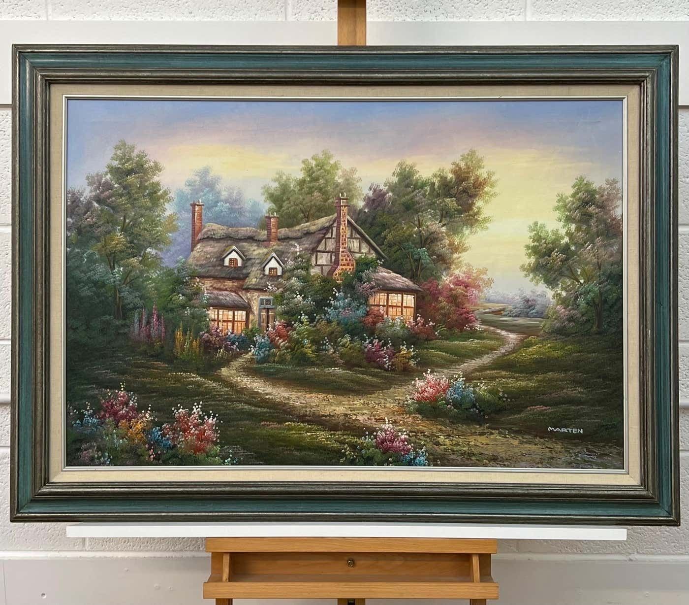 Marten Vintage Oil Painting Of Fantasy Cottage In The Woods With Flowers & Gardens 1980 Circa photo for sale