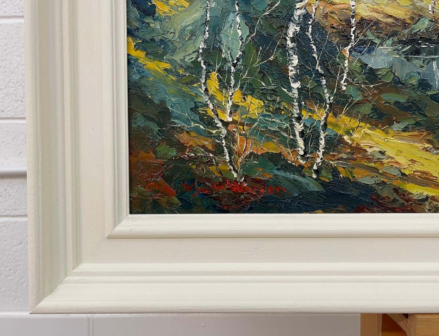 Charles Wyatt Warren Oil Painting Of River Bank With Silver Birch Trees And Misty Hills & Mountains 1970 Circa photo vinterior