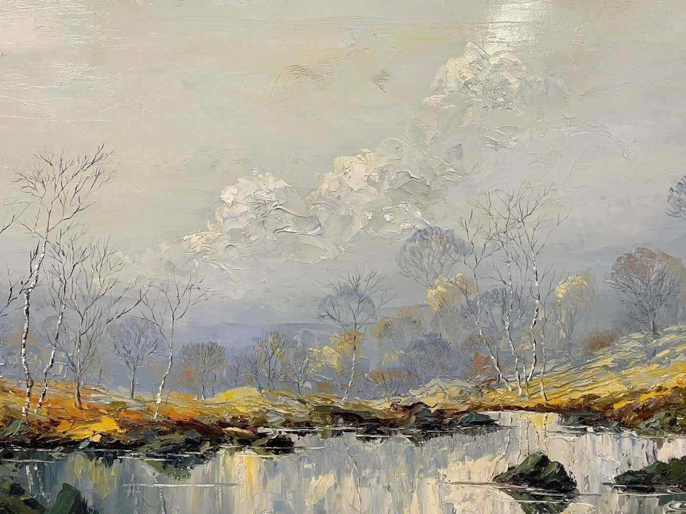 Art Charles Wyatt Warren Oil Painting Of River Bank With Silver Birch Trees And Misty Hills & Mountains 1970 Circa photo