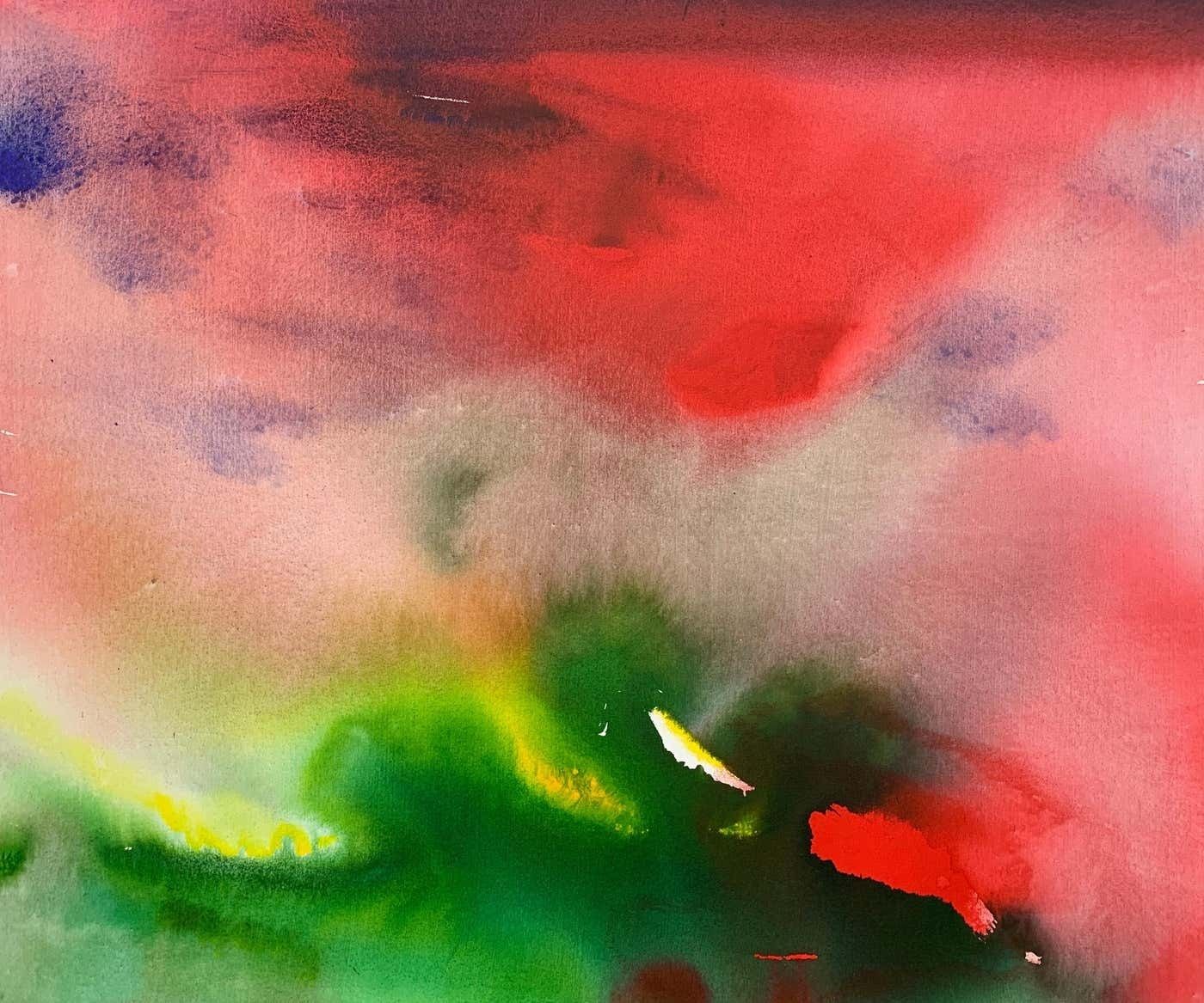 Margaret Francis Red And Green Modern Abstract Landscape Painting On Canvas By British Artist 2001 photo furniture