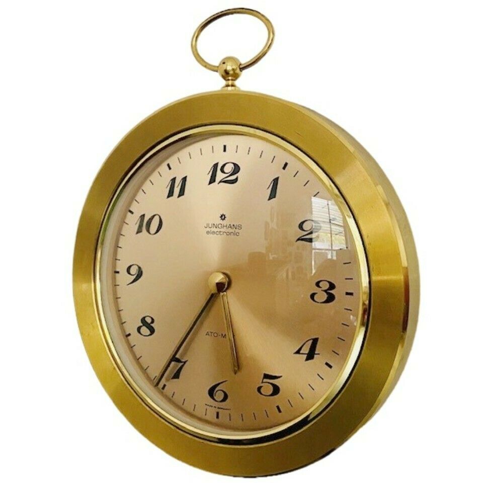 Vintage Junghans Brass Wall Clock Eletronic Ato Mat Gold 1960's photo furniture