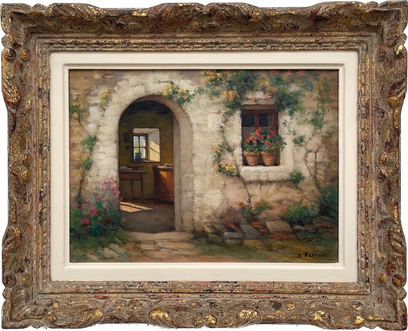 Charles Perron Early 20th Century Oil Of French Stone Building Entitled Interieur Et Exteriuer Circa 1925