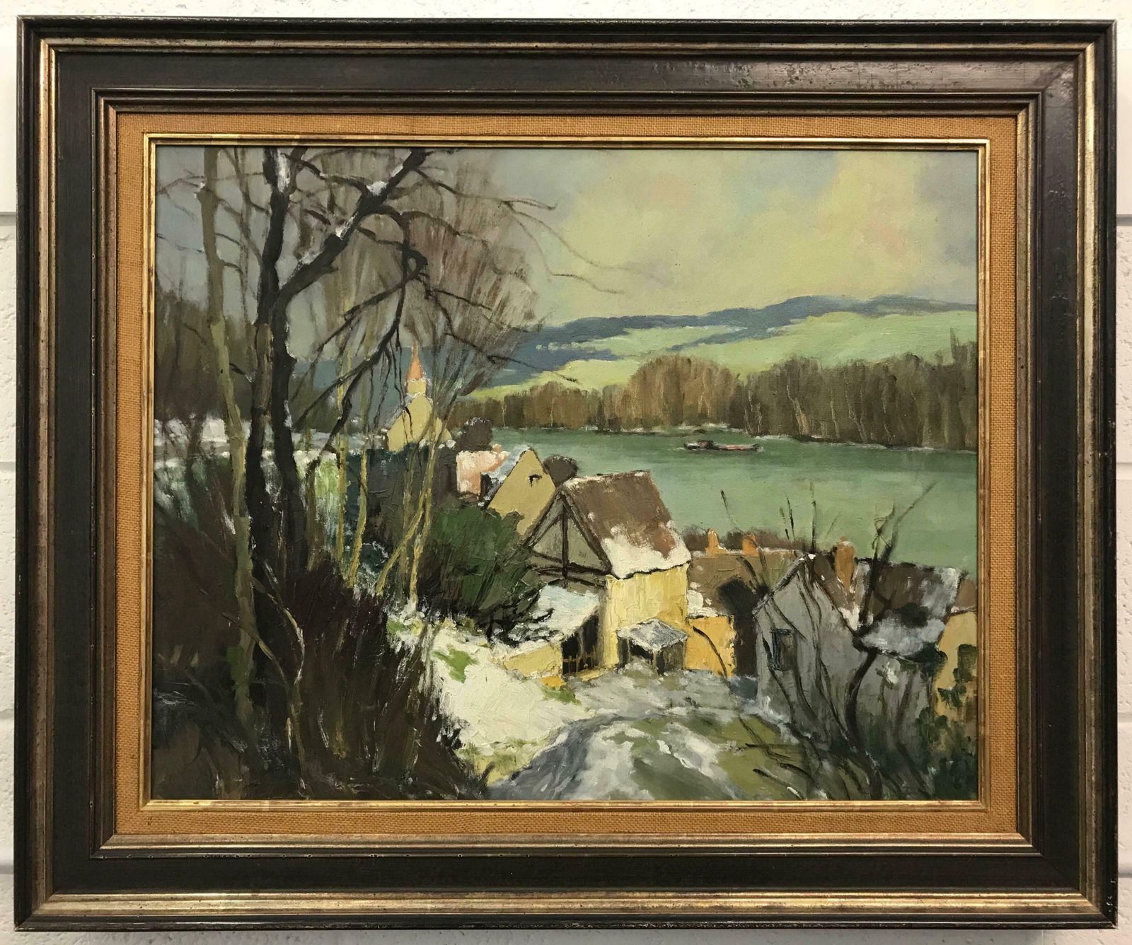 Georges Charles Robin Port Villez Neige Original French Landscape Impressionistic Riverscape Painting Circa 1950 photo 17769.0