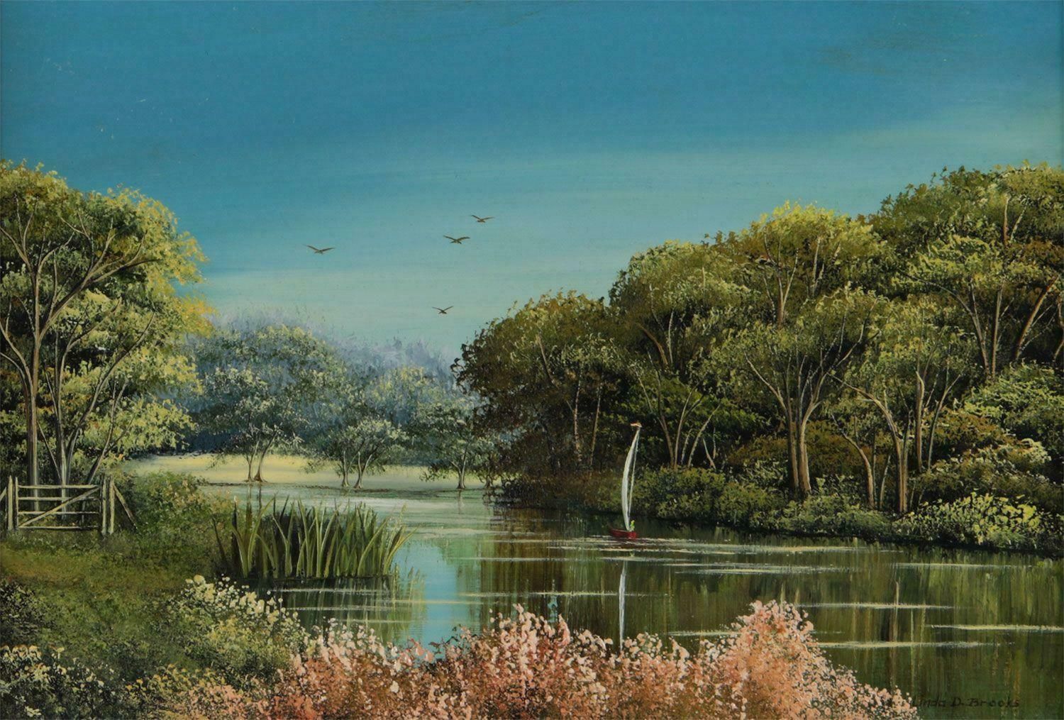 Linda D Brooks 20th Century Miniature Oil Painting Of An English River Scene By British Artist 1980 Circa photo furniture