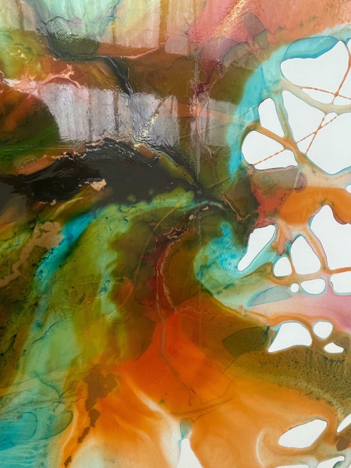 Philippe Aird Colourful Abstract Painting Using Orange & Turquoise Resin On A White Canvas 2005 Circa photo 3000.0