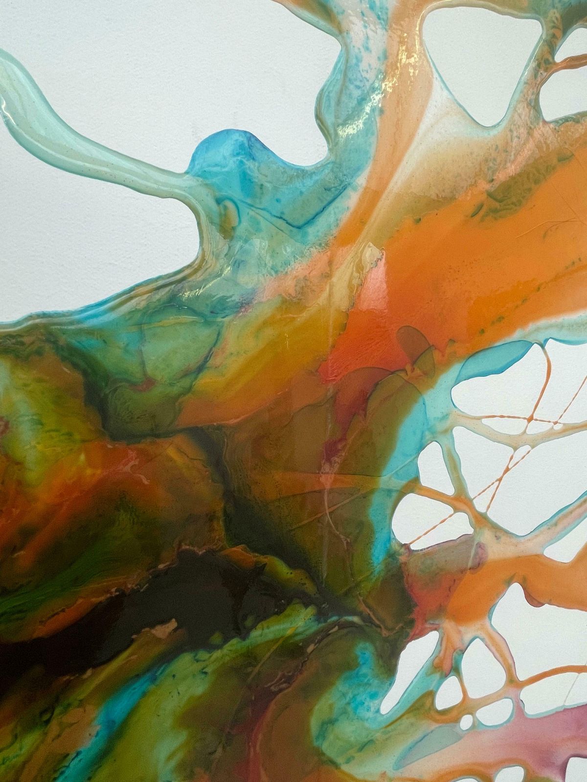 photo furniture Philippe Aird Colourful Abstract Painting Using Orange & Turquoise Resin On A White Canvas 2005 Circa