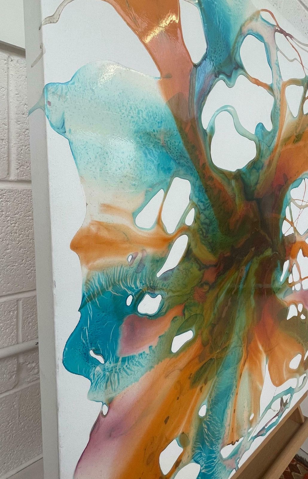 photo for sale Philippe Aird Colourful Abstract Painting Using Orange & Turquoise Resin On A White Canvas 2005 Circa