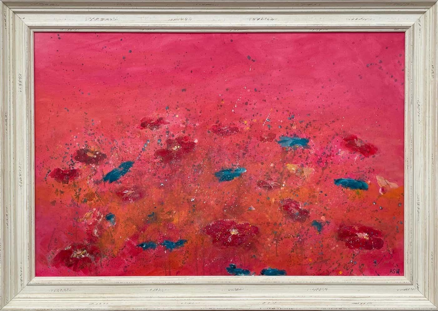 Angela Wakefield Abstract Turquoise & Red Flowers On Pink Background By British Landscape Artist 2021