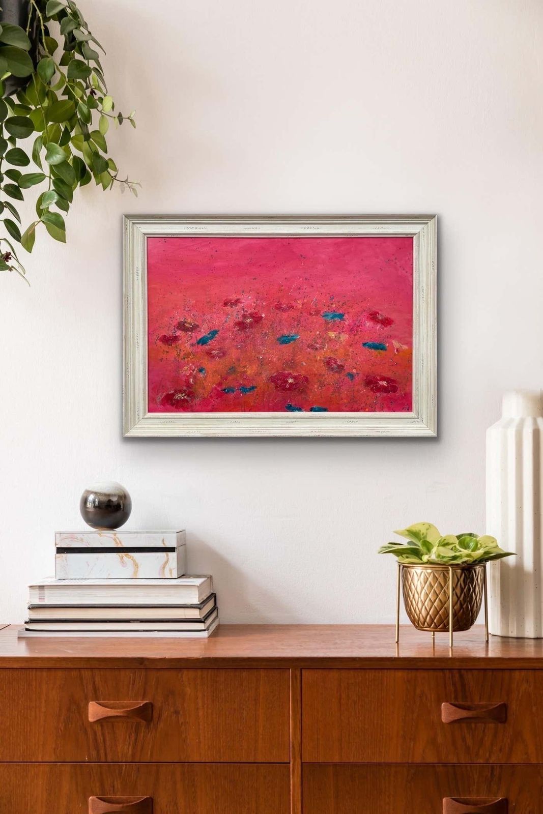 Angela Wakefield Abstract Turquoise & Red Flowers On Pink Background By British Landscape Artist 2021 photo furniture
