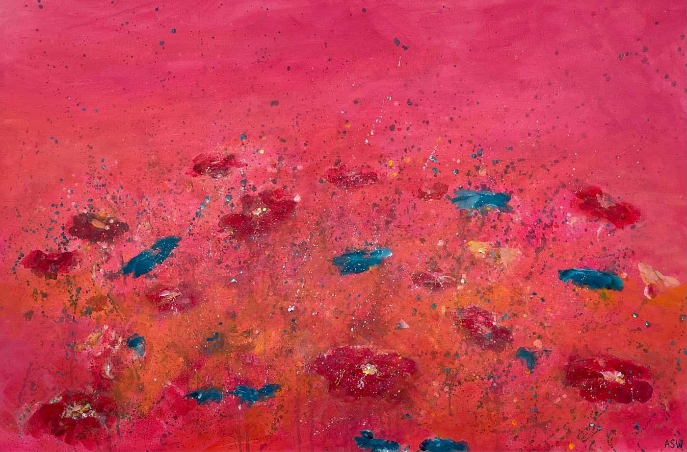 photo furniture Angela Wakefield Abstract Turquoise & Red Flowers On Pink Background By British Landscape Artist 2021
