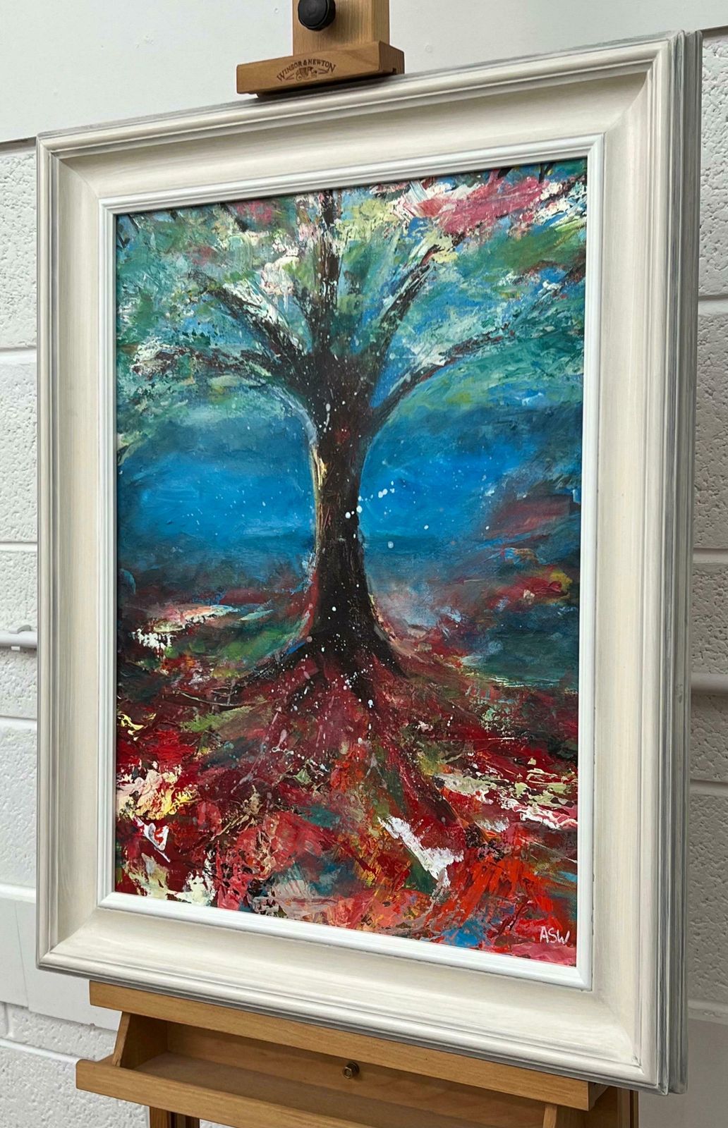 Angela Wakefield Tree With Red Pink White & Blue Abstract Background By British Landscape Artist 2023 photo for sale