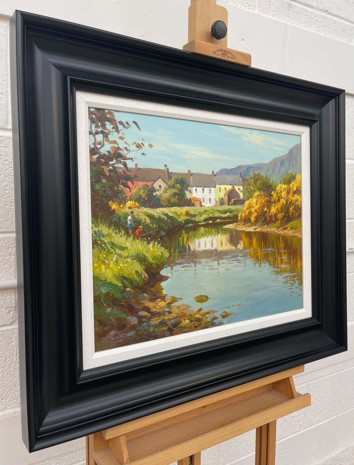 Donal Mcnaughton Fly Fishing River Scene In Coastal Village Ireland By Contemporary Irish Artist 2000 Circa photo furniture