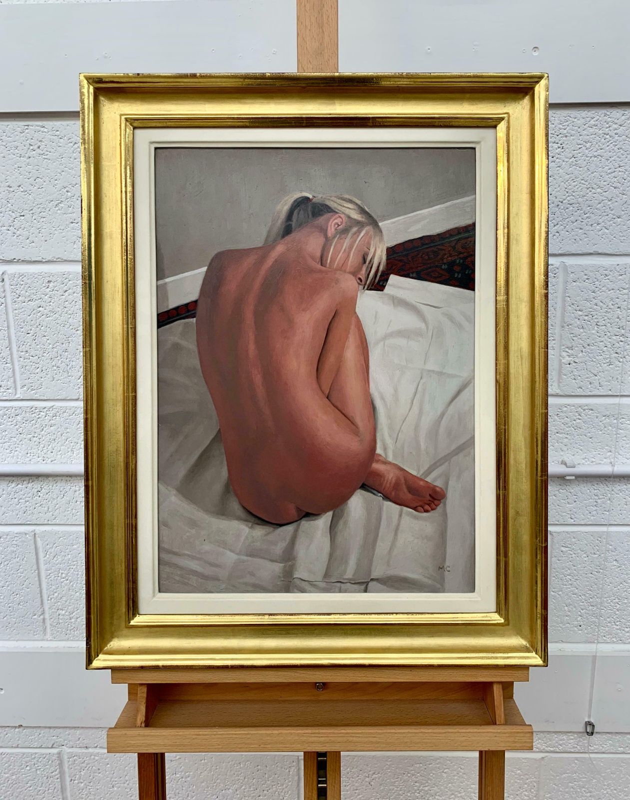 Mark Clark Oil Painting Of Female Blonde Nude Figure On Bed By Contemporary British Artist 2000 Circa photo for sale