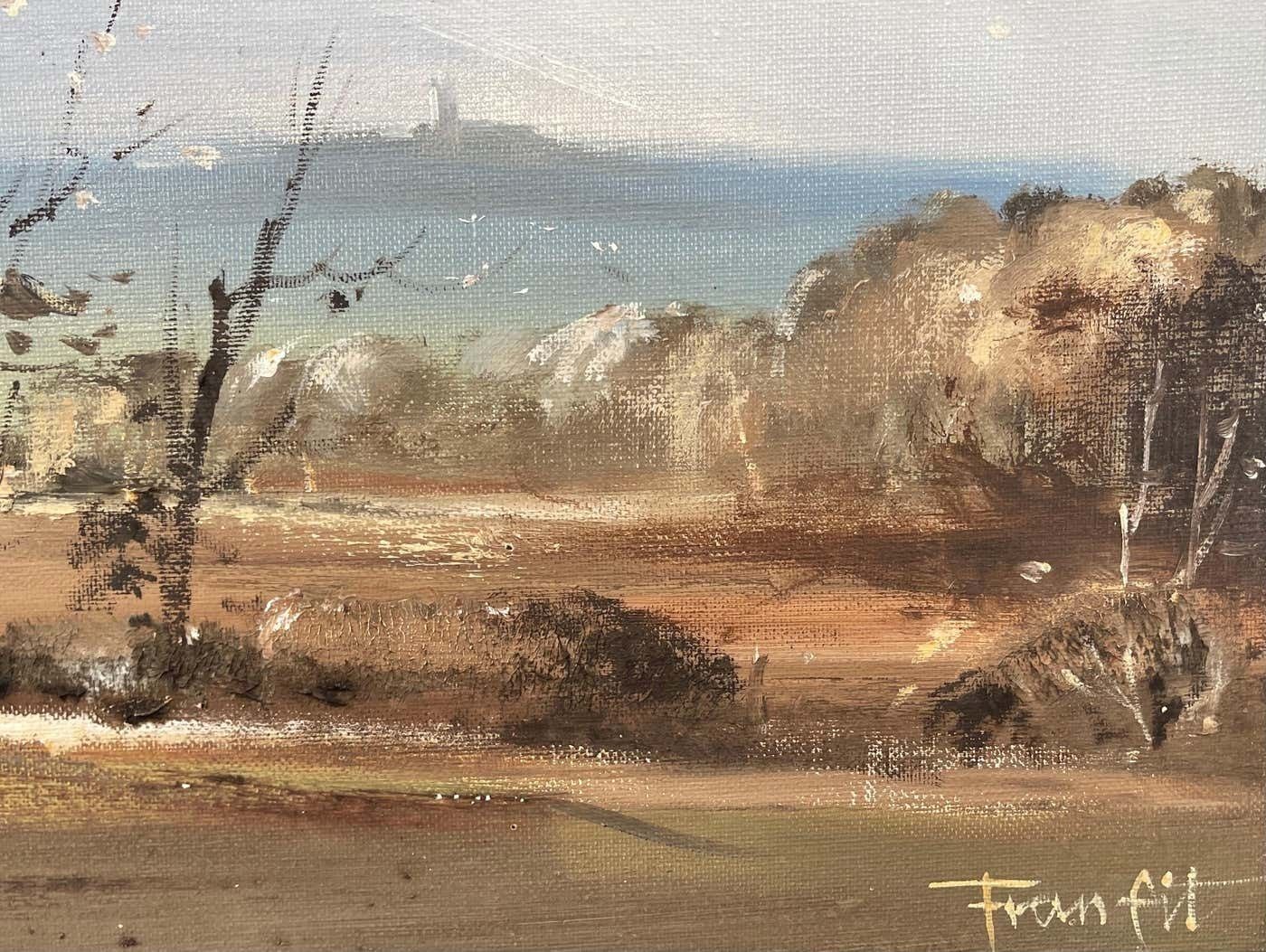 Art Frank Fitzsimons Ireland Landscape With Trees, Buildings & Sun Rays By Contemporary Irish Artist 1985 Circa photo