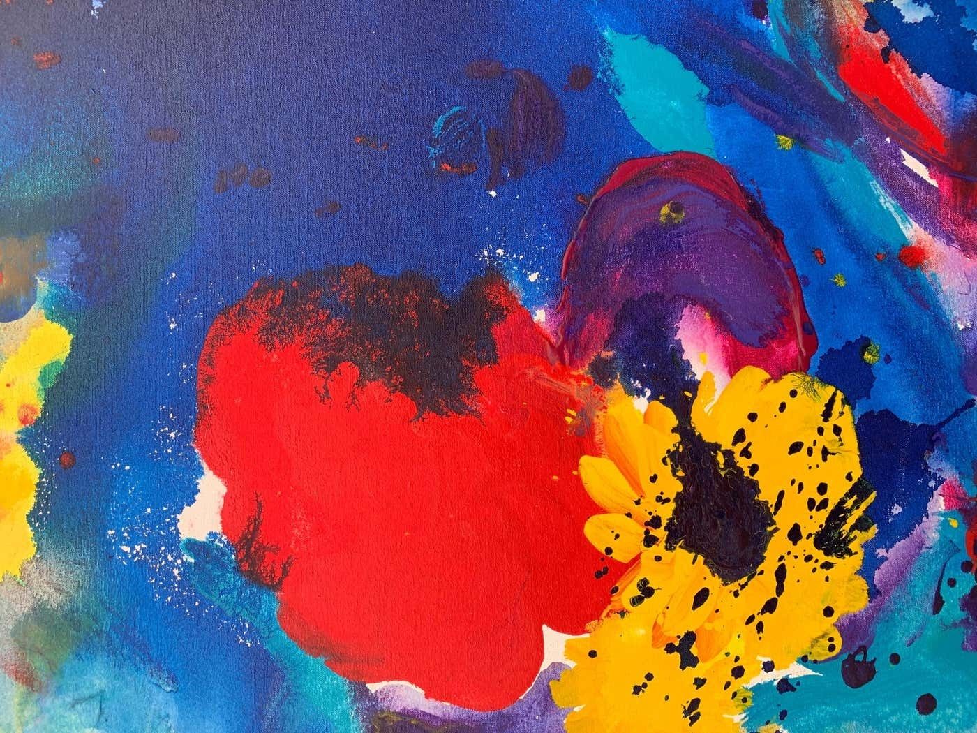 Margaret Francis Abstract Flowers Painting Blue Red Yellow Purple Colour By Modern British Artist 1992 photo 5550.0