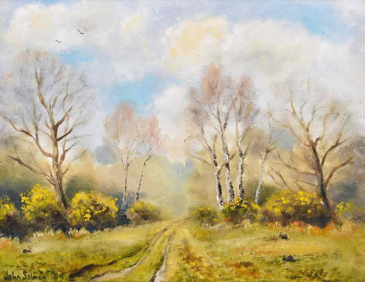 John Salmon Oil Painting Of Gorse On The Common With Trees & Rabbits In Oxfordshire England 1985 Circa photo furniture