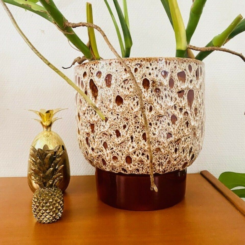 Xl Flower Pot Ceramic Fat Lava West Germany Style Brown White photo 53.0